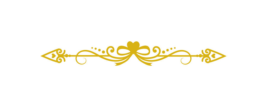 A golden decorative divider featuring a central heartshaped bow, ornate flourishes, and arrowlike terminal ends, isolated on transparent background