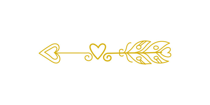 Minimalist vector illustration of a golden cupids arrow featuring a heart design isolated on transparent background