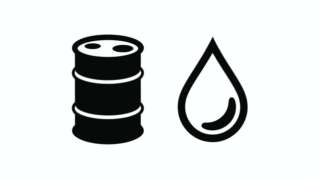 Black silhouette set featuring an industrial oil barrel and a liquid drop symbol, isolated on a white background, energy and fuel industry