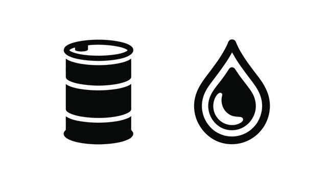 Black silhouette set featuring an industrial oil barrel and a liquid drop symbol, isolated on a white background, energy and fuel industry