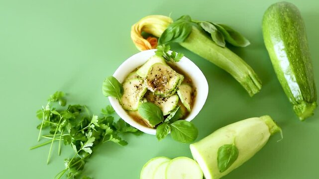 Homemade spicy zucchini with garlic spices on green background