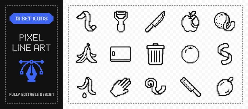 flat vector illustration pixel line art icon bundle set design showing waste garbage trash recycle bin ecology environment sorting cleanup signs for ui web