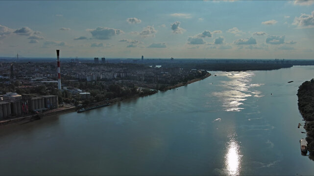 Belgrade at confluence of Sava and Danube rivers aerial