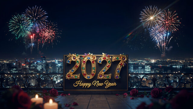 Sparkling golden twenty twenty seven numbers decorated with colorful gemstones glowing on balcony during new year night fireworks celebration