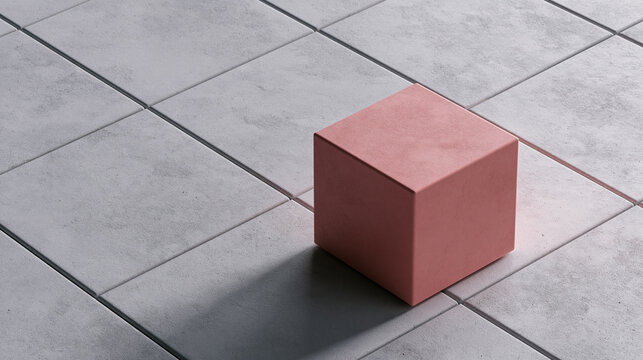Minimalist Pink Cube on Concrete Tile Floor