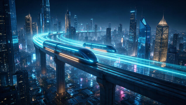 Futuristic High Speed Trains Moving Through Smart City at Night