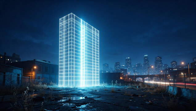 Futuristic Wireframe Building Hologram in Night City Environment
