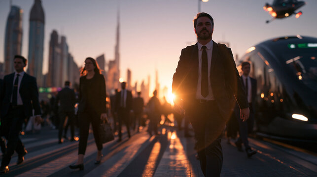 Businessman Commuting in Futuristic Smart City at Sunset