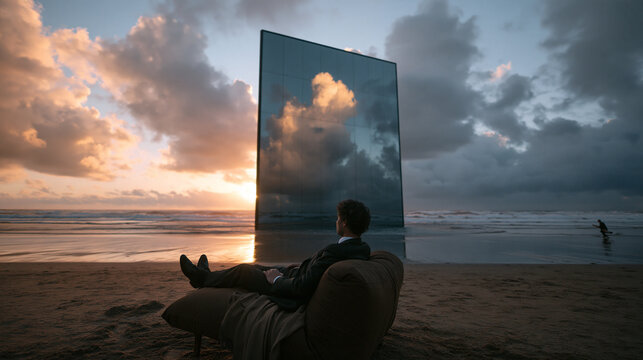 Businessman on Beach Looking at Surreal Monolithic Mirror at Sunset