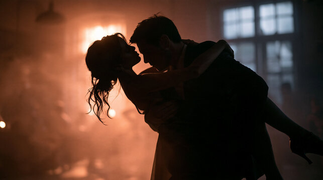 Romantic Couple Silhouette Embracing in Dramatic Backlight