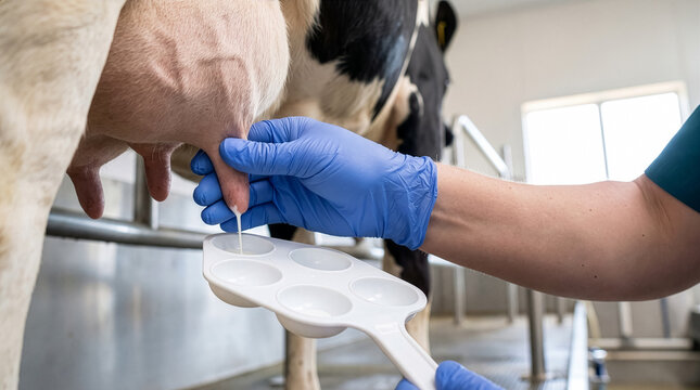 Collecting Cow Milk Samples for Mastitis Screening on Dairy Farm
