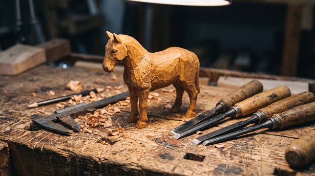 A detailed wooden horse sculpture sitting on a workbench surrounded by wood carving tools and shavings.