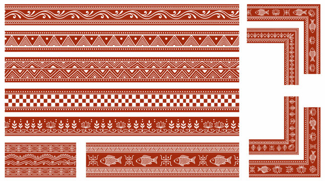 Indian Aipan Art Red White Geometric Raster Border Set