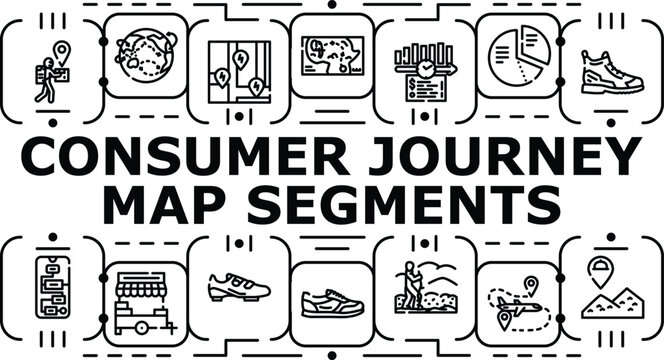 Consumer journey map segments banner infographic. Touchpoint experience, consideration funnel, research persona icon vector illustration