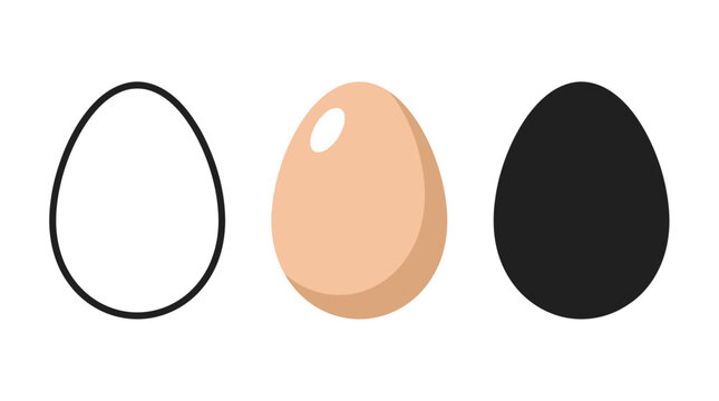 Three stylized egg icons in outline solid tan black fill with animal product breakfast silhouette