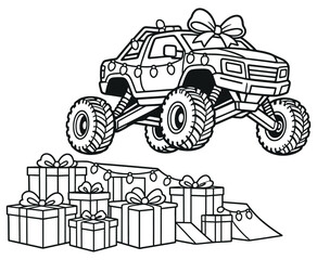Christmas monster truck with gift boxes coloring page. © Artful Imprints