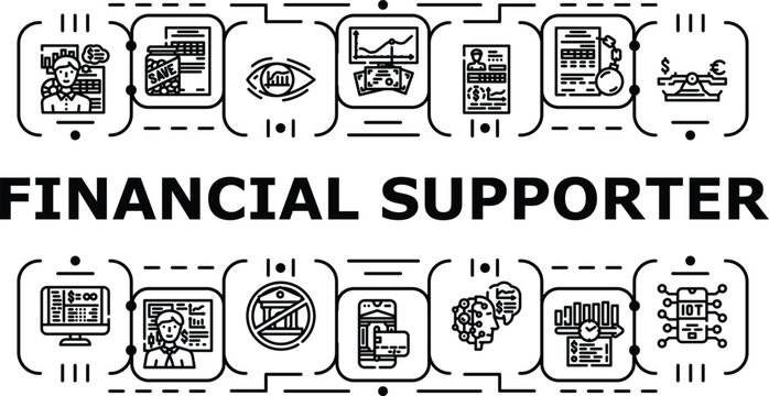 Financial supporter banner infographic. Investor patronage, underwriter patron, grantor backer icon vector illustration