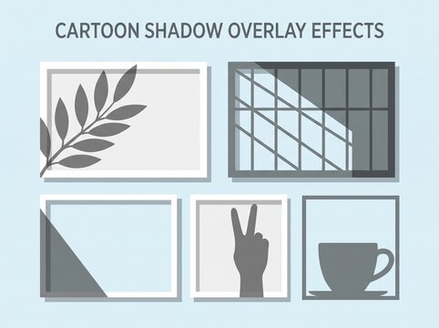 Cartoon shadow overlay effects with various shapes like leaves, windows, and a teacup in flat design style.