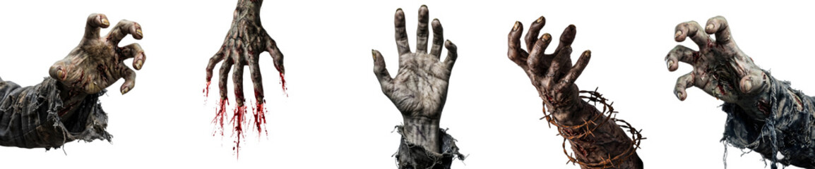 Set of creepy zombie hands and claws with bloody fingernails and torn sleeves isolated on white background © fip3