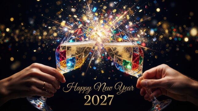 Happy New Year Festive Happy New Year 2027 celebration with colorful geometric champagne glasses and exploding confetti in dark background 2027