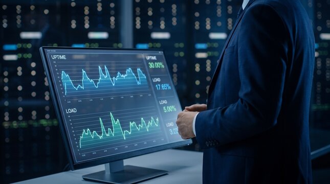 Businessman monitoring server uptime and network load performance