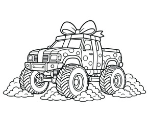Monster truck decorated as a gift for coloring book page. © Artful Imprints