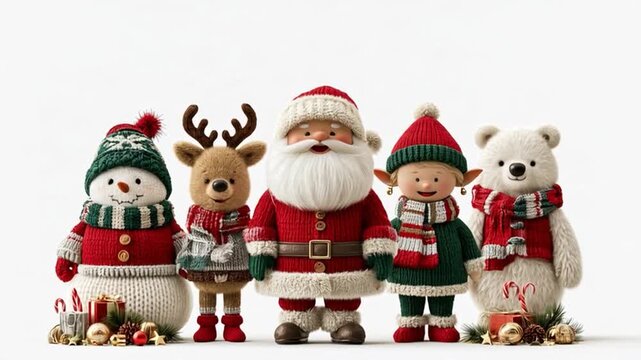 AI-generated video of cheerful characters a reindeer, Santa Claus, snowman, a polar bear, and an elf dancing and celebrating together in a Christmas magic theme, with a plain, white background.