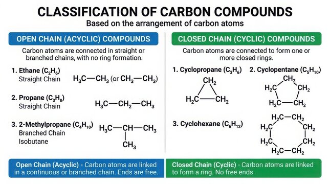 Educational chart showing classification of carbon compounds into