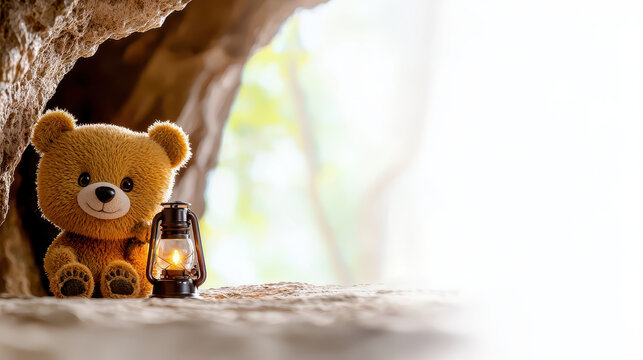 Cute teddy bear sits beside lantern in cave, creating warm and cozy atmosphere. soft light enhances charm of scene