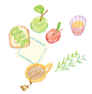 Crayon textured breakfast items, toast, apple, pear and tea