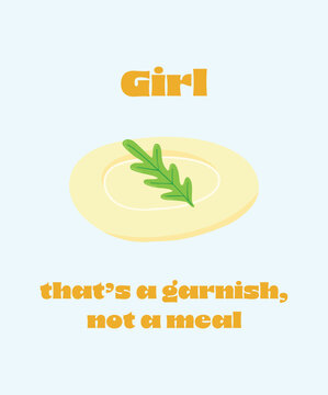 Empty plate with one leaf, quote Girl, that&rsquo;s a garnish, not a meal