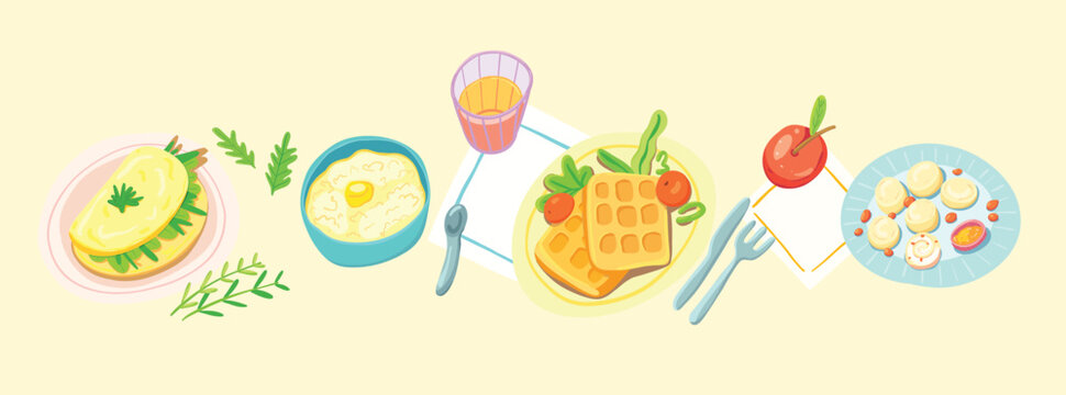 Horizontal breakfast banner with omelette, waffles and porridge