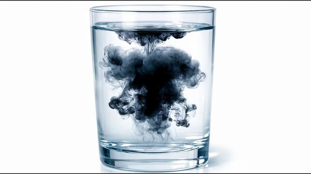 A glass of water with a black substance contaminating the liquid