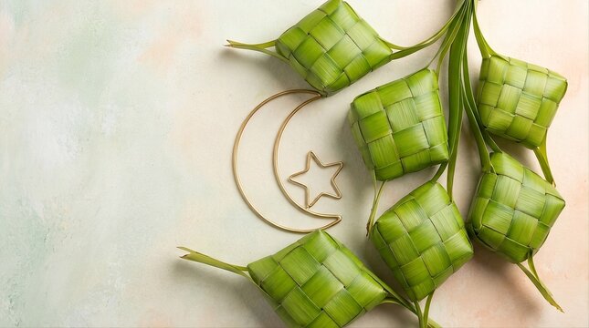 Green Woven Ketupat with Golden Crescent Moon for Eid al-Fitr Celebration
