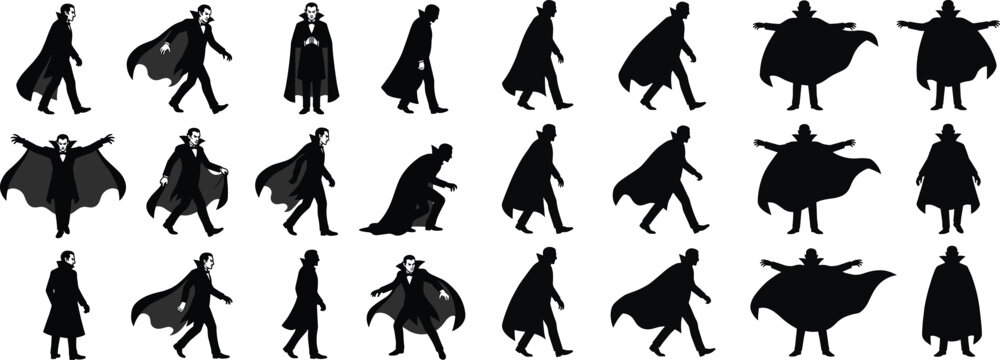Vampire silhouette spritesheet vector illustration showing Dracula walking, running, crouching, spreading cape, and standing in various spooky poses for horror game animation or character design