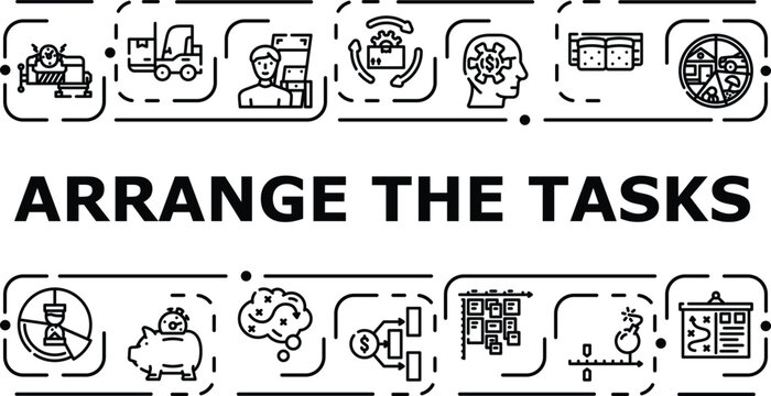 Arrange the tasks banner infographic. Prepare batch, handle align, schedule delegate icon vector illustration