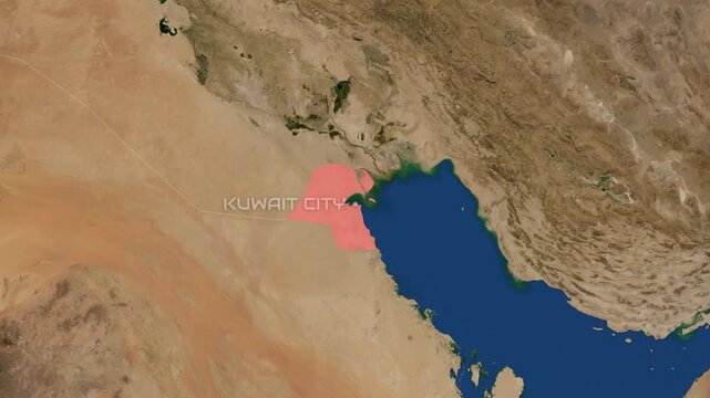 Kuwait highlighted on a 3D Earth globe. Floating terrain map against stars. Kuwait in circular text. Elements of the animation furnished by NASA.