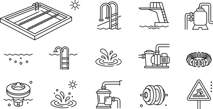 Swimming pool equipment and maintenance system outline icon set featuring ladder pump filter diving board and lane float