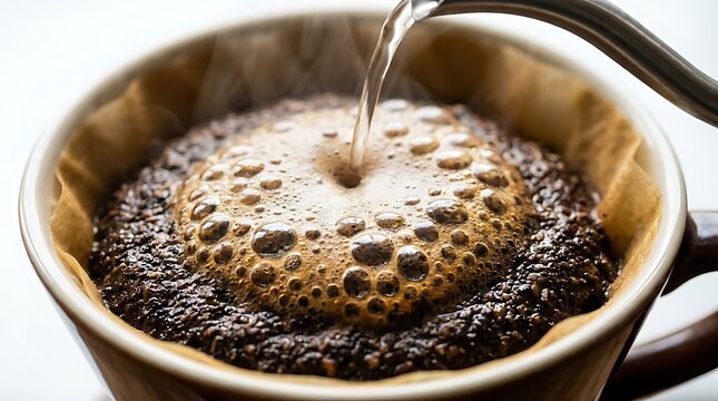 Hot water pouring over ground coffee in drip filter.