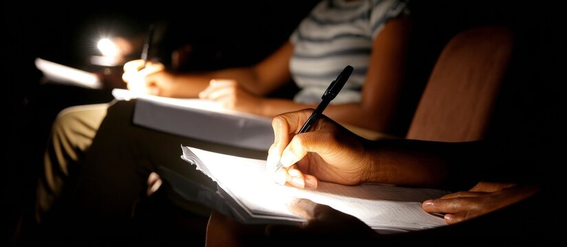 Close-up of hands writing film notes in a dimly lit theatre with focused light