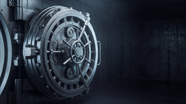 Large steel bank vault door with exposed locking mechanism in secure vault room. Cybersecurity and data protection concept. Financial security, access control and information storage.