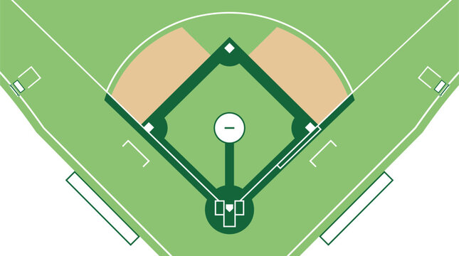 Top-down overhead view of a professional baseball field layout featuring green grass, a sand infield diamond, pitcher's mound, home plate, and white foul line markings in a flat vector style.