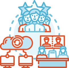 Modern organizational structure illustrates employees working with data management, information technology, and business process optimization for strategy and development © sevector