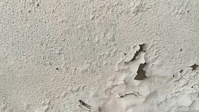 Damaged plaster wall with cracks and peeling paint. Close-up of a severely damaged, aged plaster wall. Heavy cracks and large areas of peeling and spalling paint layers are prominent across.