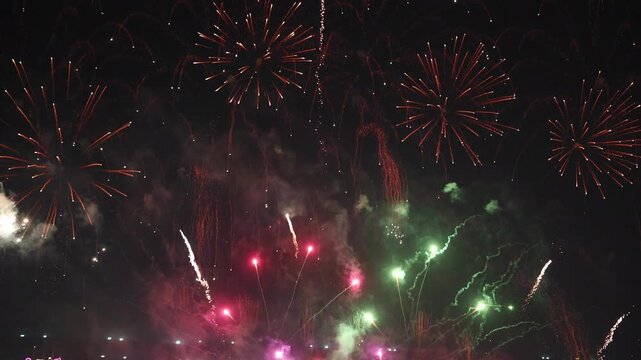 Colorful fireworks explode across a dark night sky, creating a vibrant display for New Year celebrations, Independence Day events, holiday parties, and grand festive light show backgrounds