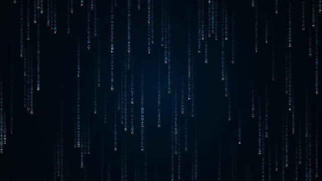 Falling columns of glowing digital symbols on dark blue, seamless loop