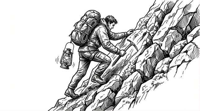 Mountain Climber Scaling Rocky Cliff Illustration