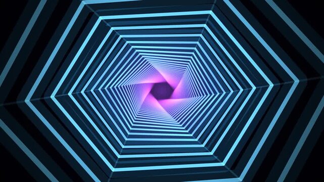 Endless neon hexagon tunnel moving forward with a glowing core, seamless loop