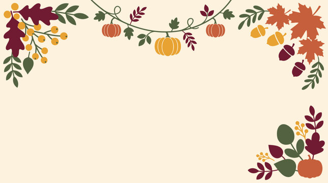 A festive thanksgiving background vector illustration featuring decorative autumn leaves and pumpkins arranged as a beautiful seasonal border frame