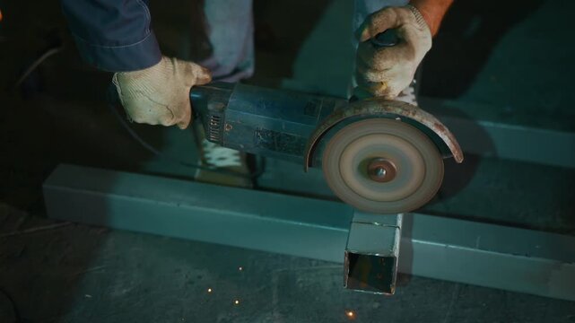 Worker grips grinder, sparks fly vividly. Hands steady tool, focus sharp, intent clear. Fierce sparks blaze, metal screams under pressure. Industrial grit, raw energy, heavy machinery